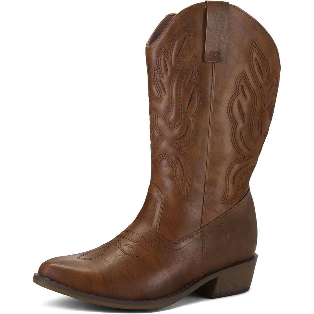 mysoft Women's Solid Brown Women's  Western Cowboy Boots Mid Calf Pointed Toe